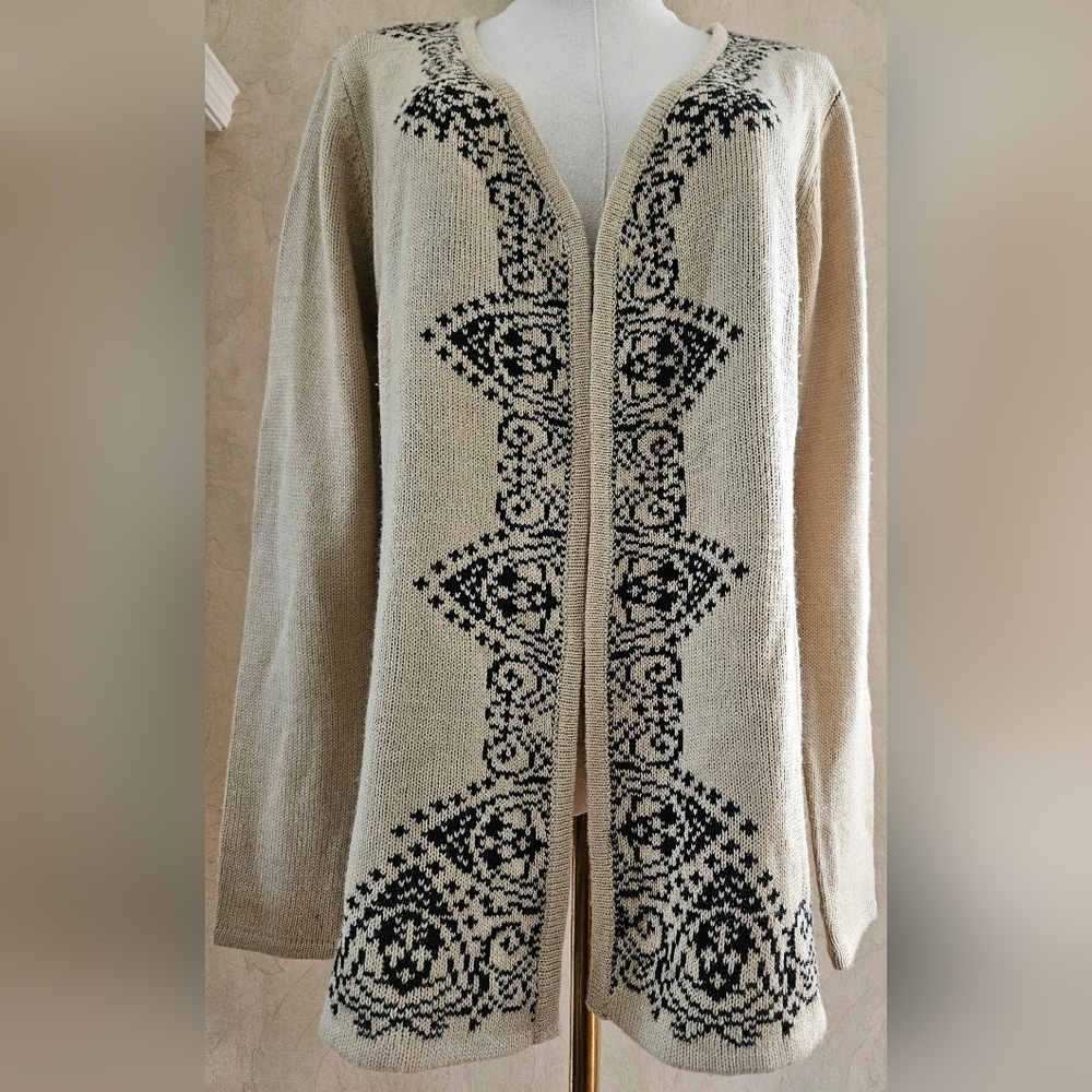 Carol Rose Tan Knit Cardigan Sweater w/black Pattern Contrast-Size Large